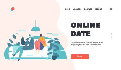 Online Date Landing Page Template. Love, Flirting in Virtual Reality Cyberspace. Young Couple in Vr Goggles Spend Time