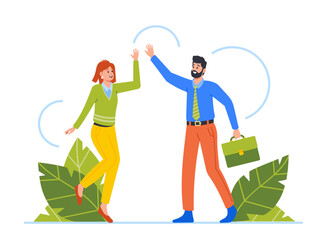 Business Characters Informal Greeting, Happy People Giving High Five. Cheerful Friends or Colleagues Happiness, Joy