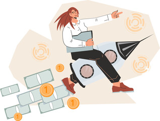 Growth, success and leadership in business - business woman flies on rocket. Moving forward and achieving goals.
