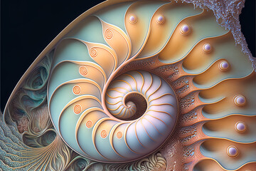 fiction nautilus shell, nautilus background, pastel beautiful colored nautilus, spirale, fractal, background, illustration, generative AI - obrazy, fototapety, plakaty