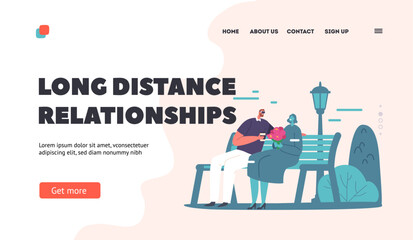 Long Distance Relationship Landing Page Template. Couple in Vr Goggles Sitting on Bench in City Park. Romantic Relations