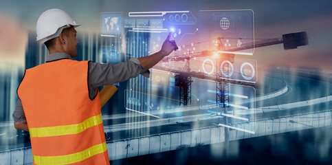 Future building construction engineering and technology project concept. double exposure graphic...