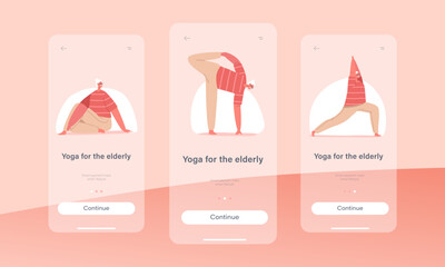 Yoga for Elderly Mobile App Page Onboard Screen Template. Female Character Pilates Poses. Old Lady Practice Asana