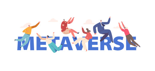 Metaverse Concept. People Wear Vr Glasses And Headset Connected To Virtual Reality Space. Characters In Cyberspace