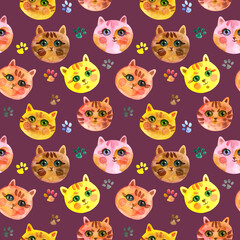 cats on a Old Mauve background. Cute Cat muzzle. Watercolour hand drawn illustration. For fabric, sketchbook, wallpaper, wrapping paper.