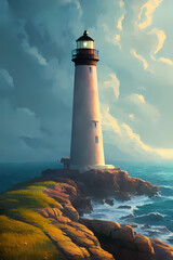 A lighthouse extending out towards the ocean against a cloudy sky. Generative AI creation.