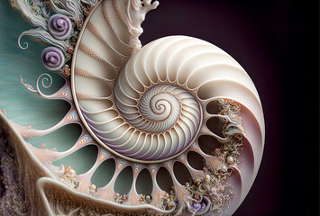 fiction nautilus shell, nautilus background, pastel beautiful colored nautilus, nautilus on black background, space for text, spirale, fractal, background, illustration, digital