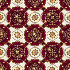 Seamless geometric pattern with round jewelry ornaments in staggered manner. Gold elements with red gems. Vintage style. Good for clothing, apparel, fabric, textile, surface design.