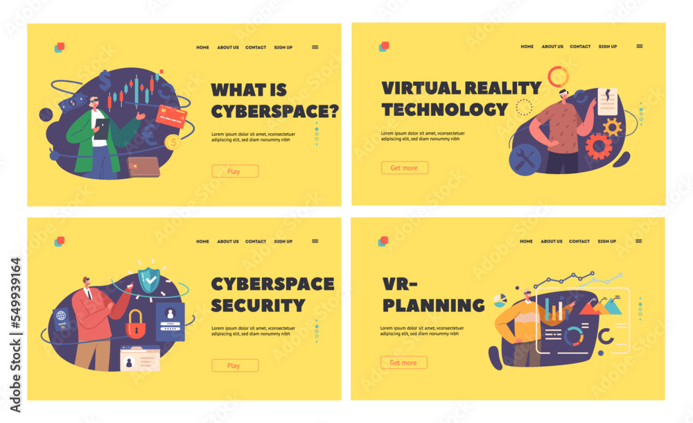 Poster augmented reality business tech landing page template set. workflow automation, data management vect