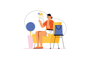 Online Shopping icons concept with people scene in the flat cartoon design. Girl is calling the store to order a bag that she chose on the Internet. Vector illustration.