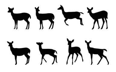 Collection of deer silhouettes - deer family. Deer in various poses. Female deer, vector illustration