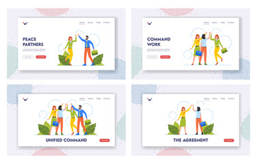 Fototapeta na wymiar Command Unity Landing Page Template Set. Support Between Colleagues, Unified Business People Team Giving High Five