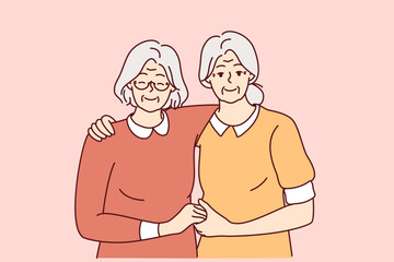 Portrait of smiling elderly female friends hugging showing long lasting friendship. Happy senior grandmothers embrace show unity and care. Vector illustration. 