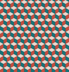 Seamless pattern design with cube with geometric squares with 3D effect with beige, blue and red colors