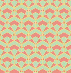 Seamless pattern design with with geometric shapes such as triangles, rhombuses and hexagons with yellow, green and pastel pink colors