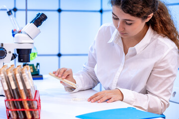 food quality control laboratory young woman inspecting linseeds before pressing organic oil