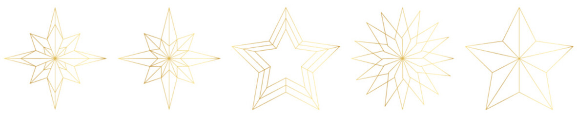 Set of gold Christmas star icons. Line art style. Vector illustration isolated on white background