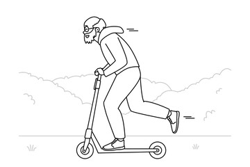 Happy energetic elderly man riding on scooter outdoors. Smiling active old grandparent have fun driving on motorscooter. Maturity. Vector illustration. 