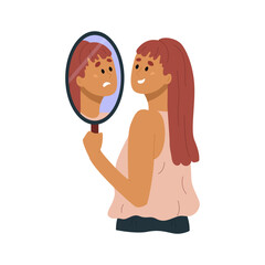 Happy young woman looking in mirror and see unhappy sad face. Girl with mental problems, depression, mood swings, nervousness. Flat vector illustration isolated on white background