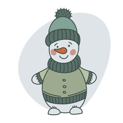 Cute snowman in a hat in doodle. Christmas symbol.