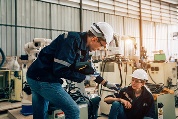 Team of technician worker checking and repair pressing metal machine at factory, Machine maintenance technician operation concept.