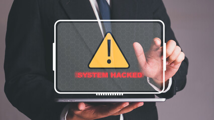 System hacked alert after cyber attack on taplet network. compromised information concept. internet...