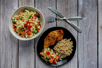 Keto dinner on wooden background