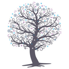 Openwork winter tree with snowflakes, Christmas holiday, isolated vector illustration
