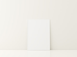 Frame with poster mockup standing on the white floor. minimalist frame mockup. 3d rendering