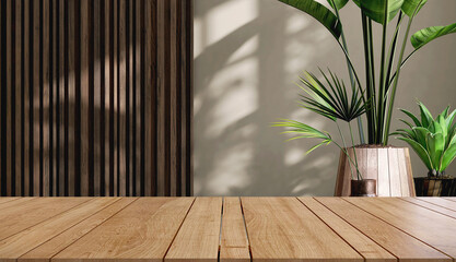 Wooden tabletop, countertop in modern, minimal beige wall with partition room in dappled sunlight from window and tropical banana tree at home for household and personal product display