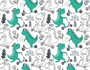 Cute dinosaur rides a scooter. Vector texture in childish style great for fabric and textile, wallpapers, backgrounds. Pastel colors.