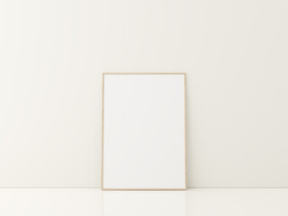 Frame with poster mockup standing on the white floor. minimalist frame mockup. 3d rendering