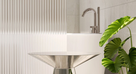 Silver metal side table by white bathtub, reeded glass partition and tropical leaf plant in modern design bathroom in sunlight on granite wall for personal care, toiletries product display background - obrazy, fototapety, plakaty