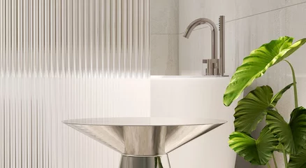 Foto op Canvas Silver metal side table by white bathtub, reeded glass partition and tropical leaf plant in modern design bathroom in sunlight on granite wall for personal care, toiletries product display background © myboys.me