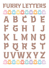 Hand drawn alphabet letters. Cute free hand style abc alphabet poster. Girl style letter poster. Colorful letters. Furry lovely bear alphabet for kid and girl. Bear ear font of letters vector set. 