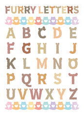 Hand drawn alphabet letters. Cute free hand style abc alphabet poster. Girl style letter poster. Colorful letters. Furry lovely bear alphabet for kid and girl. Bear ear font of letters vector set. 