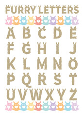 Hand drawn alphabet letters. Cute free hand style abc alphabet poster. Cute letter poster. Colorful letters. Furry lovely bunny rabbit alphabet for kid and girl. Bear ear font of letters vector set.
