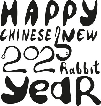 lettering happy new year of the water rabbit and bunny of numbers 2023 in hand draw style. Lunar zodiac symbol of Year of cat or rabbit . Chinese New Year 2023 Christmas logo. Vector illustration