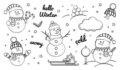 Snowman Winter Doodle Icons Set - Different Vector Illustrations Isolated On White Background