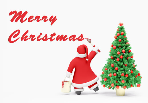 Santa Сlaus writes with red paint Merry Christmas, near him is christmas tree. Merry Christmas card. 3D rendering