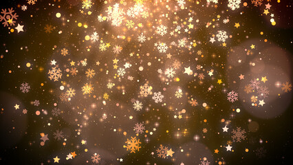 Gold christmas background with snowflakes, star and shiny lights for holidays greeting card.