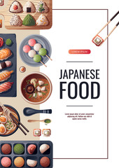 Flyer design with Sushi, Miso soup, ramen, onigiri, dango, mochi, matcha tea. Japanese food, healthy eating, cooking, menu concept. Vector illustration. Banner, promo, flyer, advertising.