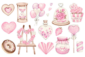 romantic set. st valentine's day. Heart, cake, donut, candy, balloons, cookie, roses, hourglass