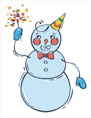 Snowman in a festive cap with a sparkler. Cartoon character on a white background. Cute character design. Christmas vector. Vector illustration element.