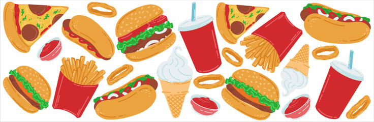 Fast food set. Hamburger, french fries, pizza, hot dog, ice cream and drink in a paper cup. American street food in flat style. Vector illustration of a fast food cafe.