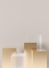 Golden and glass podiums set for product, cosmetic presentation, on beige vertical background. Mock up. Pedestal or platform for beauty products. Empty scene. Copy space for logo, or text. 3D render.