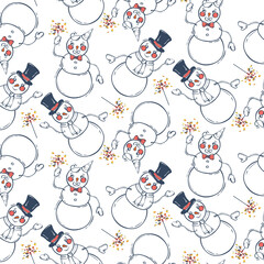 Seamless pattern with snowmen with sparklers. Cute character design. Christmas vector background. Festive vector illustration.