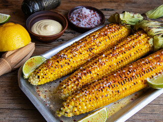 three heads of yellow corn grilled lemon lime spicy, white sauce, rustic style - 549947323
