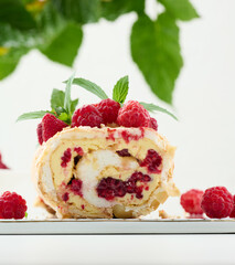 Baked meringue roll with cream and fresh red raspberry, white background