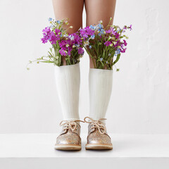 Close-up legs of a girl with fresh flowers in socks 